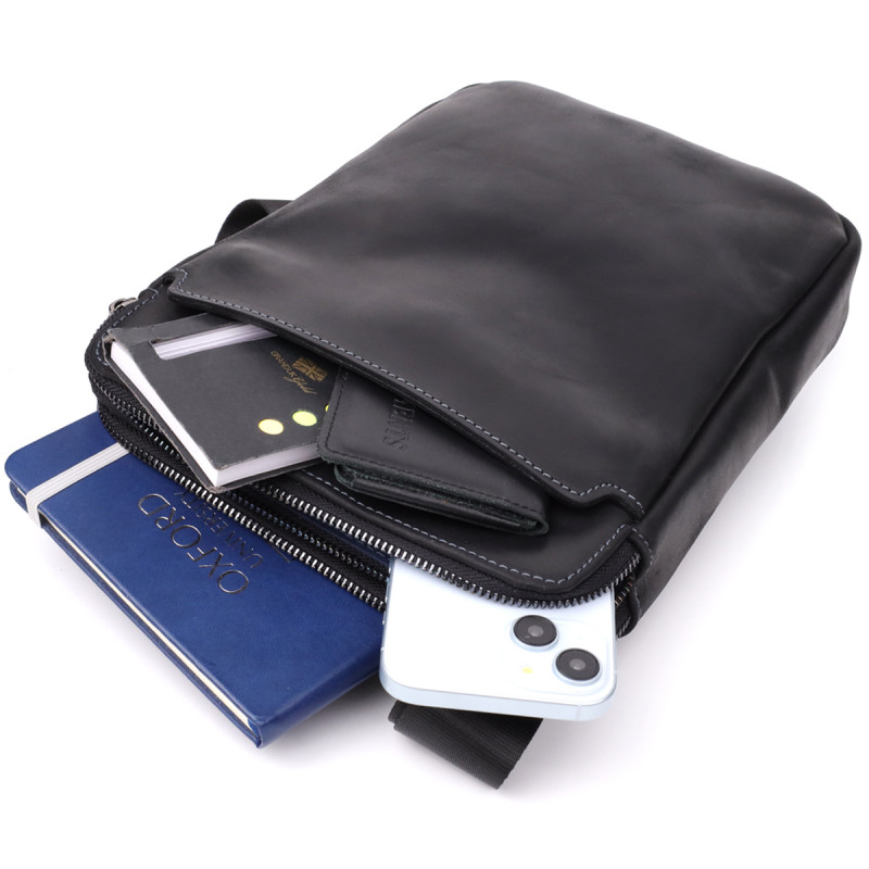 Практичная мужская сумка через плечо из винтажной натуральной кожи Shvigel _ Черный