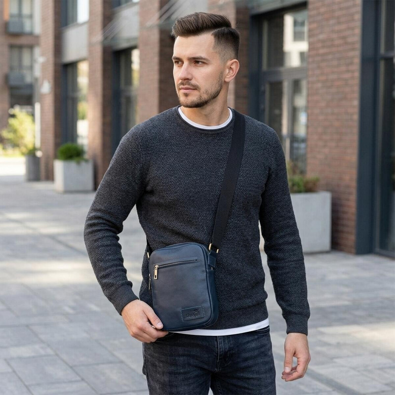 Чоловіча шкіряна сумка через плече для документів та міста SHVIGEL Синя