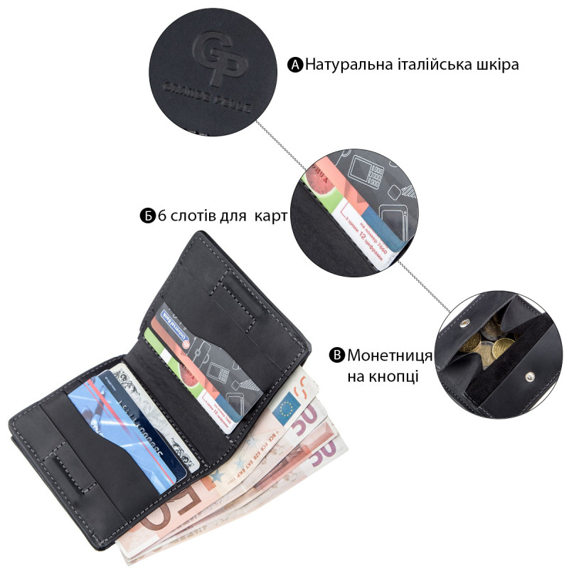 Оригинальное портмоне унисекс с накладной монетницей GRANDE PELLE Черное