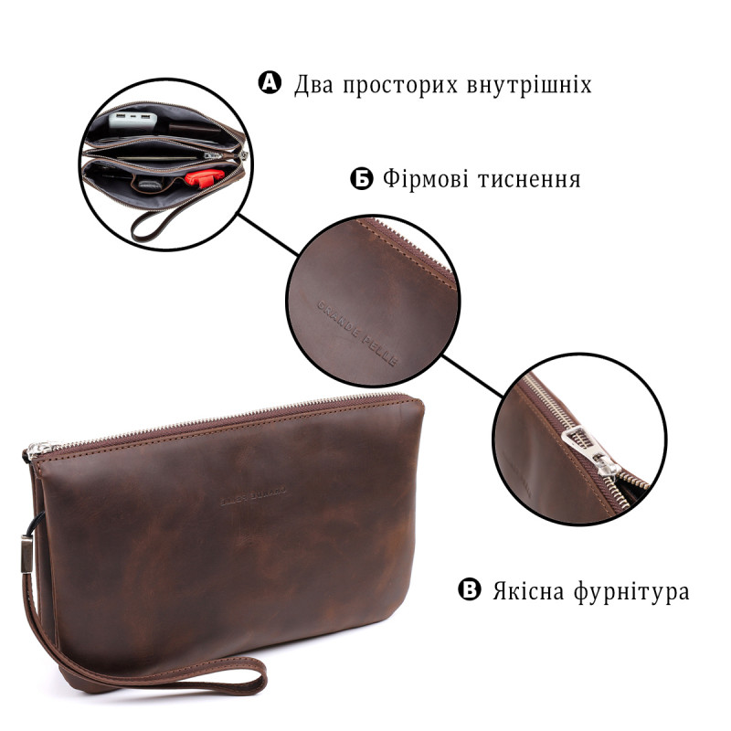 Барсетка мужская винтажная GRANDE PELLE кожаная Коричневая