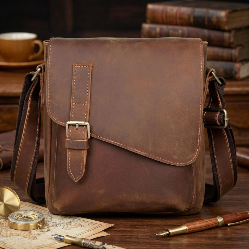 Шкіряна чоловіча сумка через плече для документів та міста Vintage Коричнева