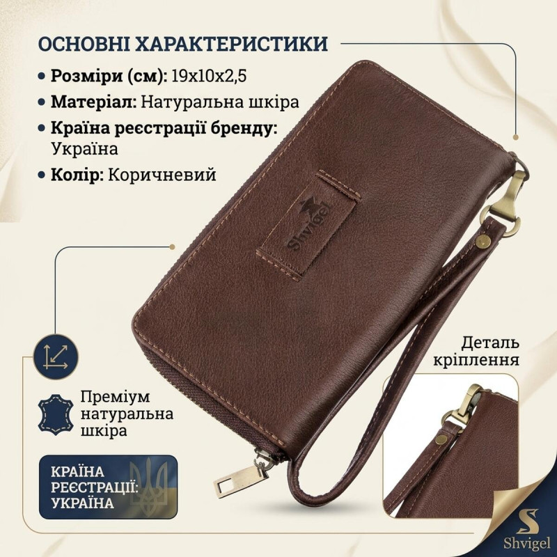 Чоловічий шкіряний клатч для карток купюр та документів SHVIGEL Коричневий