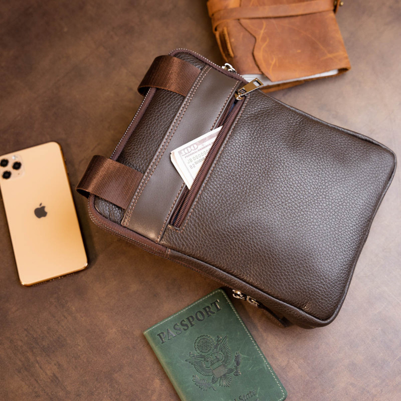 Сумка мужская планшет на два отделения кожаная флотар SHVIGEL Коричневая