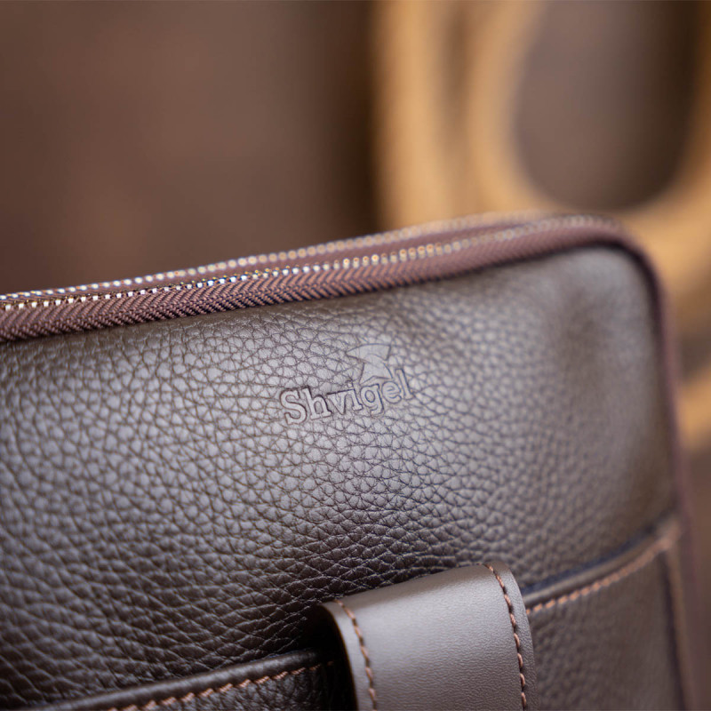 Сумка мужская планшет на два отделения кожаная флотар SHVIGEL Коричневая