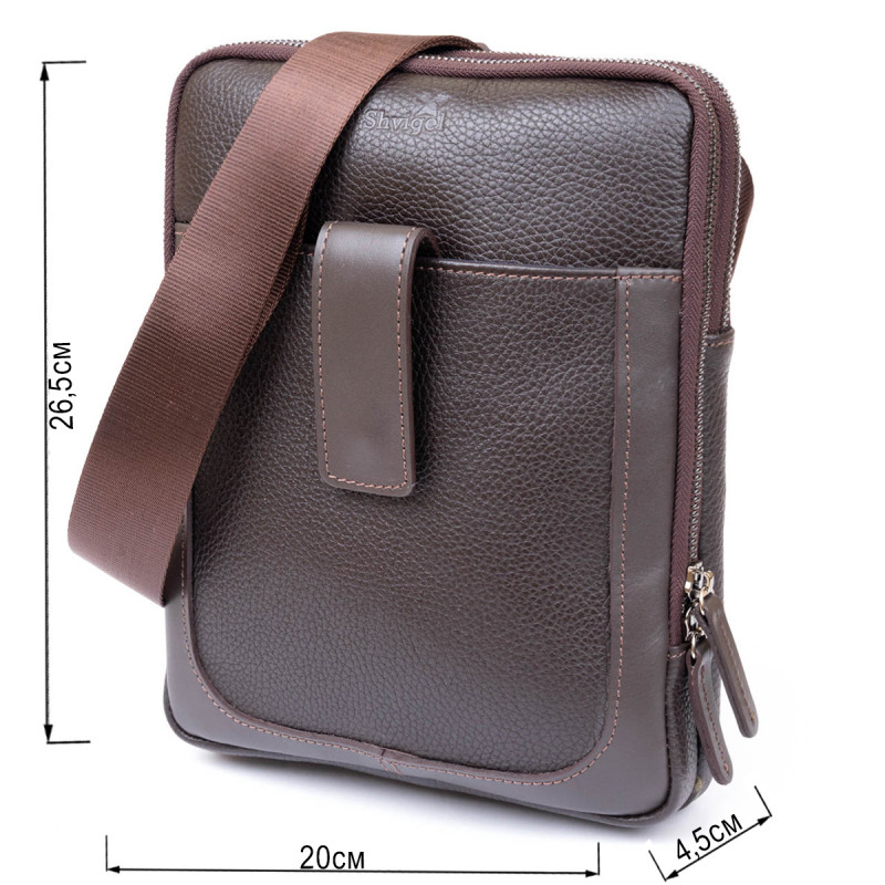 Сумка мужская планшет на два отделения кожаная флотар SHVIGEL Коричневая