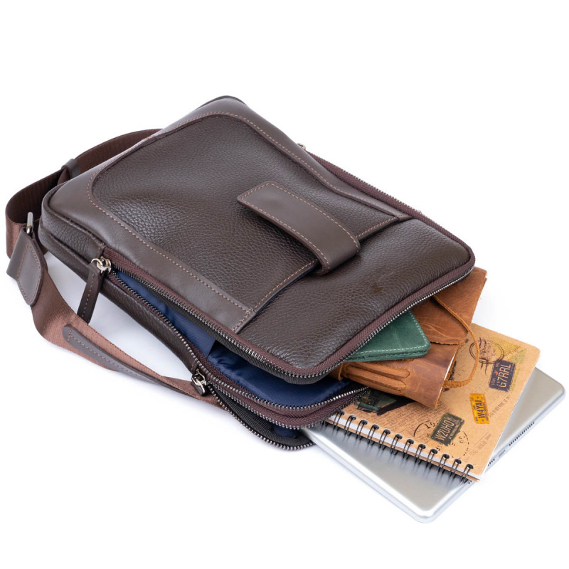 Сумка мужская планшет на два отделения кожаная флотар SHVIGEL Коричневая