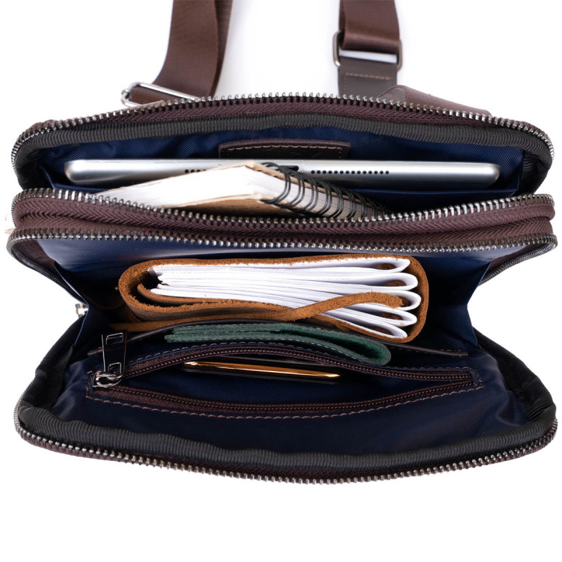 Сумка мужская планшет на два отделения кожаная флотар SHVIGEL Коричневая