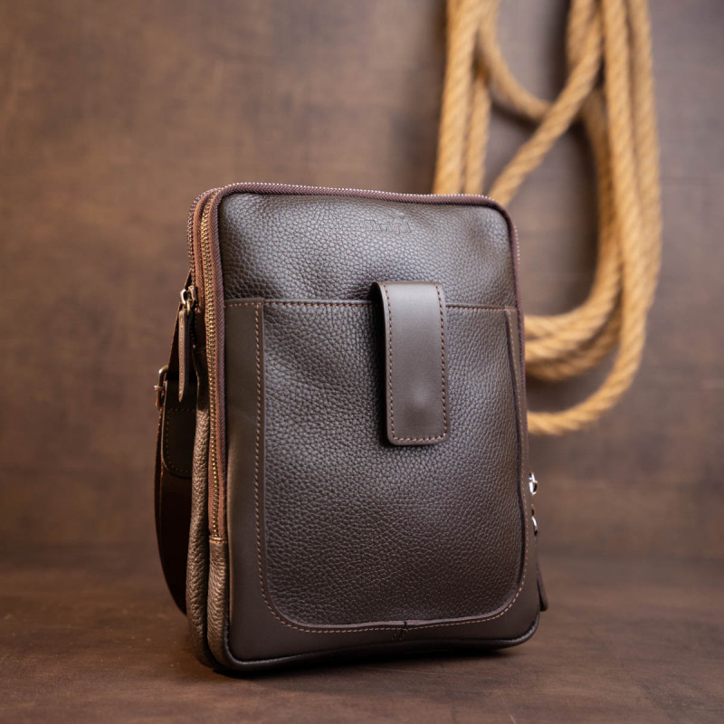 Сумка мужская планшет на два отделения кожаная флотар SHVIGEL Коричневая