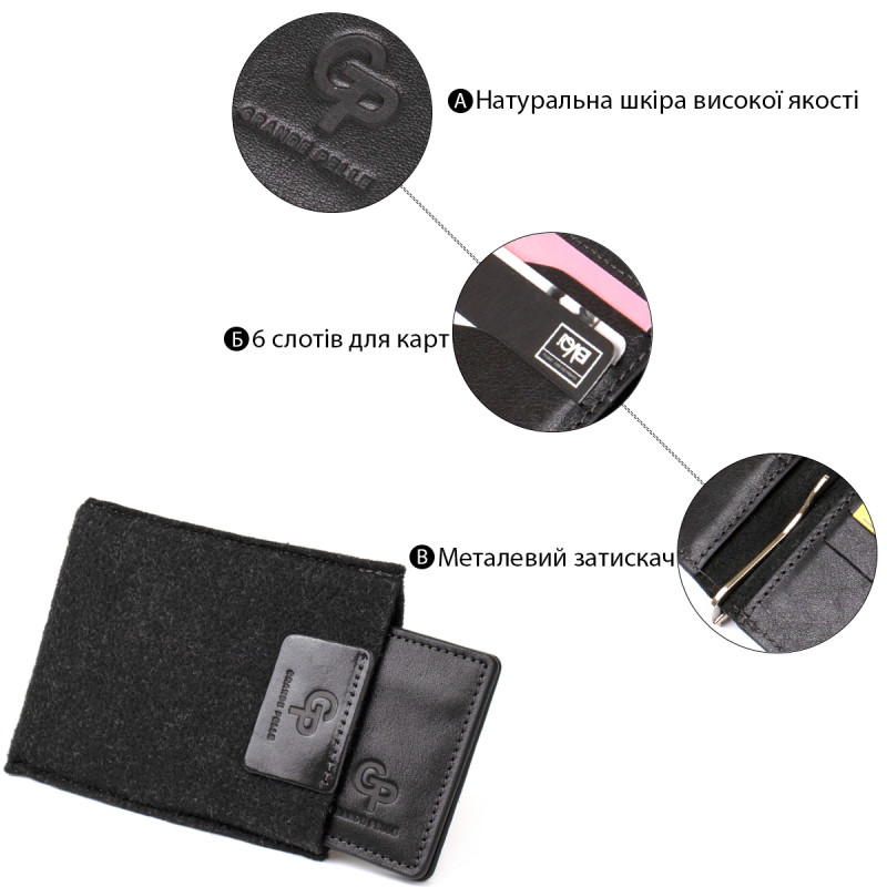 Мужской кожаный зажим для денег GRANDE PELLE Черный