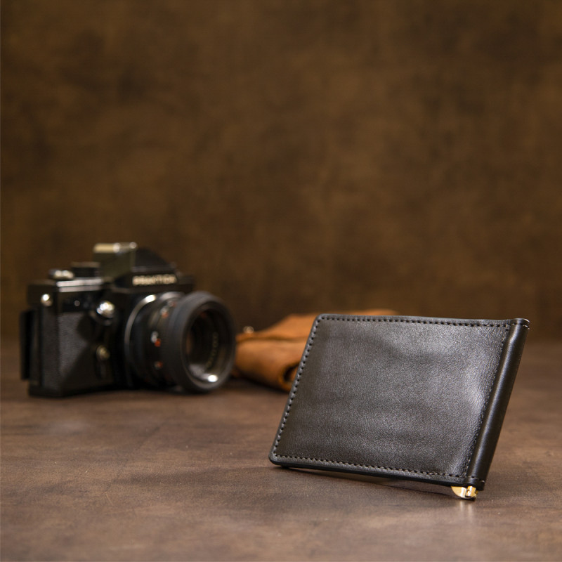 Мужской кожаный зажим для денег GRANDE PELLE Черный