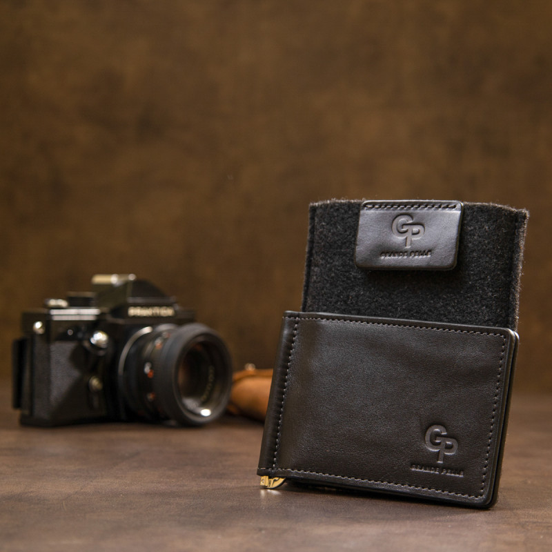 Мужской кожаный зажим для денег GRANDE PELLE Черный