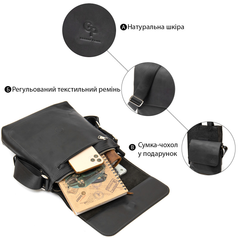 Практичная кожаная мужская сумка GRANDE PELLE Черный