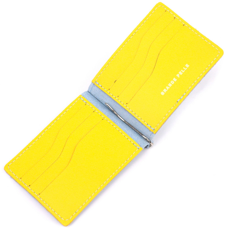 Чудовий шкіряний затискач комбі двох кольорів Серце GRANDE PELLE Жовто-блакитний