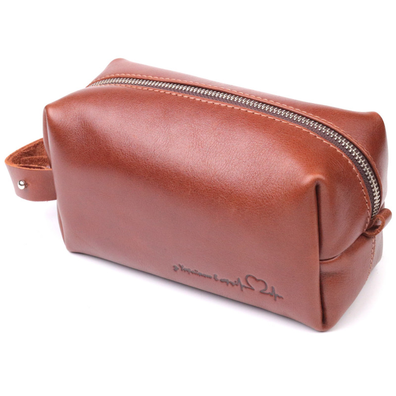 Мужская косметичка среднего размера из гладкой кожи на молнии Сердце GRANDE PELLE Светло-коричневая