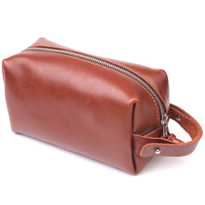 Мужская косметичка среднего размера из гладкой кожи на молнии Сердце GRANDE PELLE Светло-коричневая