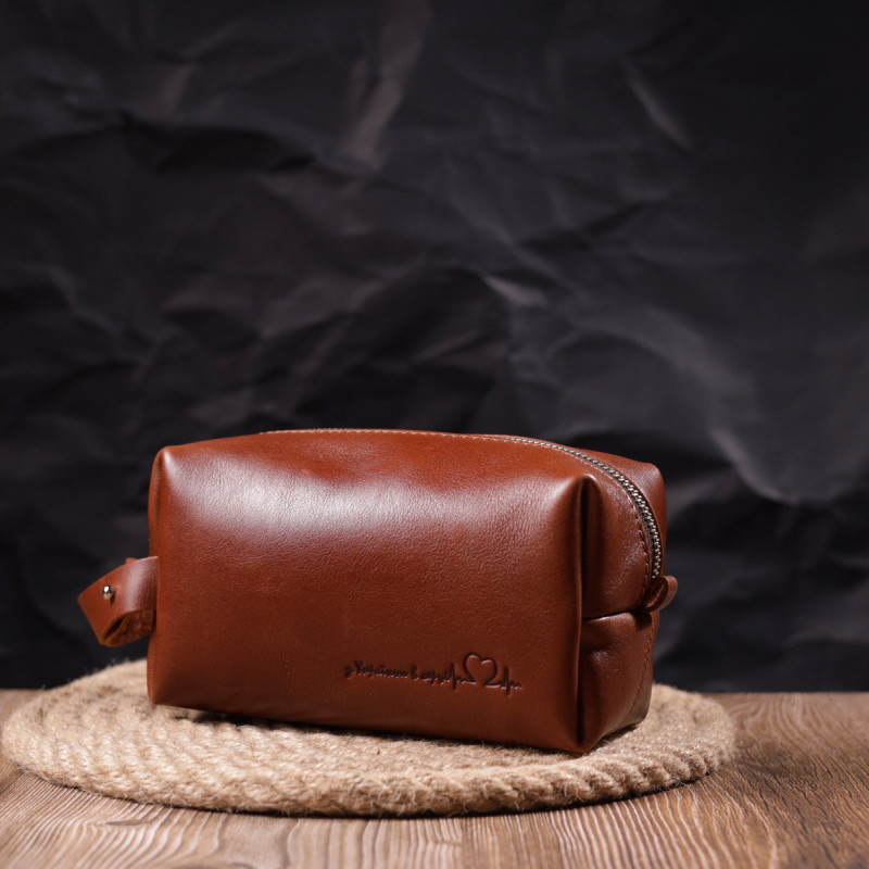 Мужская косметичка среднего размера из гладкой кожи на молнии Сердце GRANDE PELLE Светло-коричневая