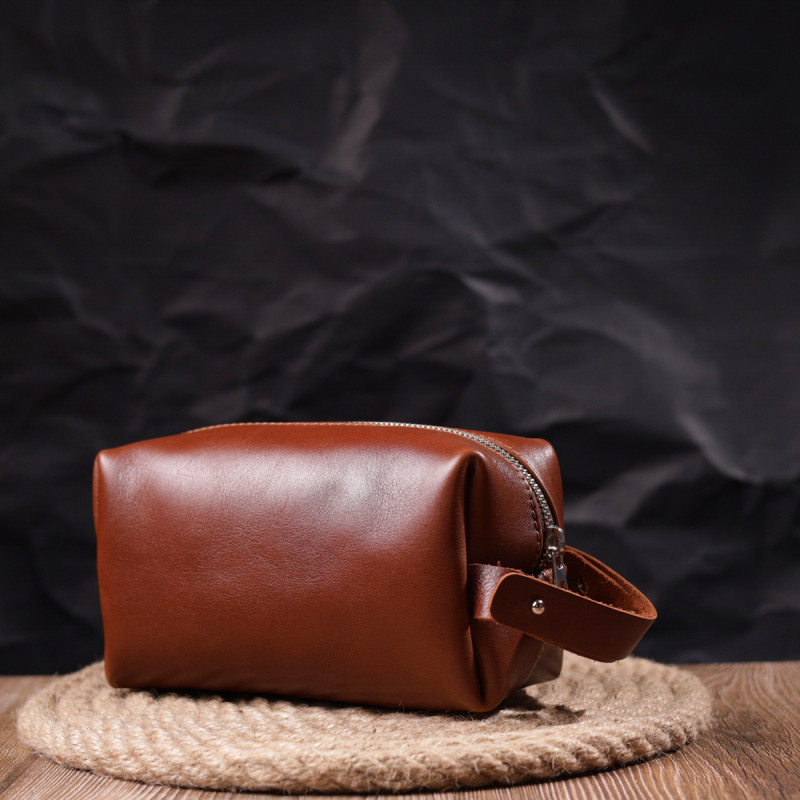 Мужская косметичка среднего размера из гладкой кожи на молнии Сердце GRANDE PELLE Светло-коричневая