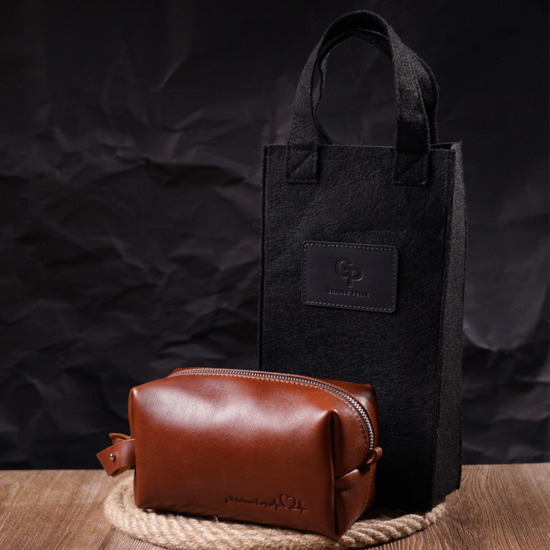 Мужская косметичка среднего размера из гладкой кожи на молнии Сердце GRANDE PELLE Светло-коричневая