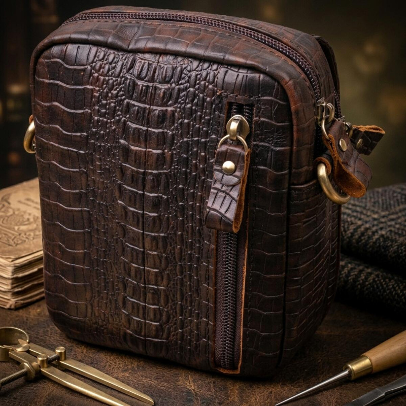 Фактурная мужская сумка из натуральной кожи с тиснением под крокодила Vintage Коричневая