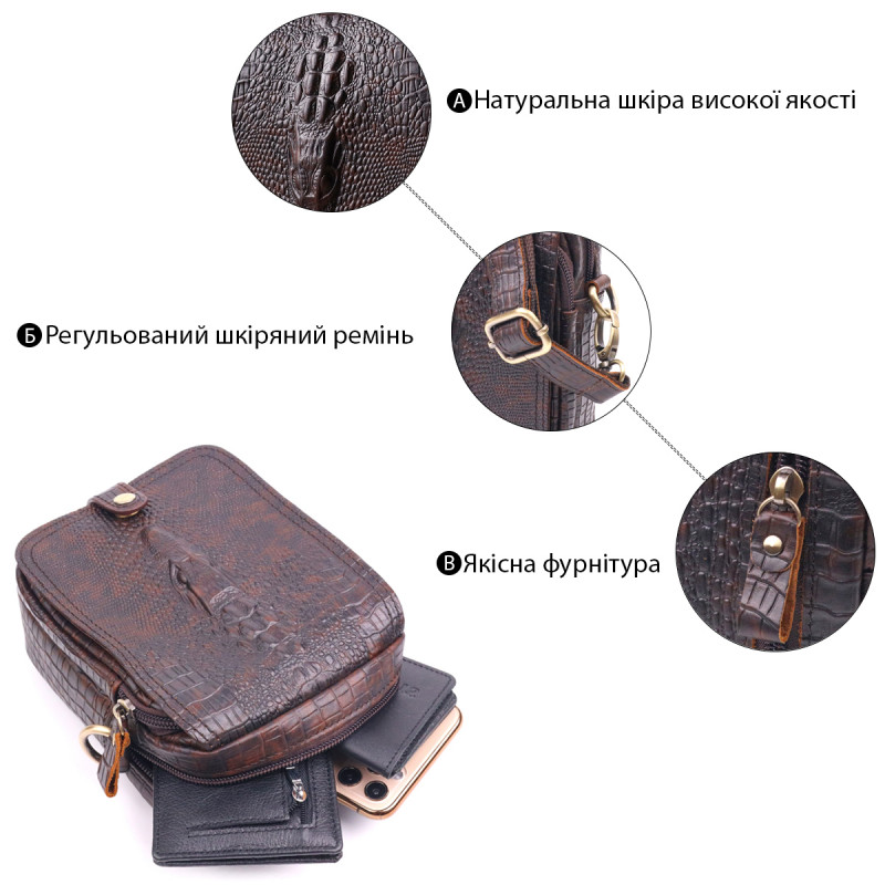Фактурная мужская сумка из натуральной кожи с тиснением под крокодила Vintage Коричневая