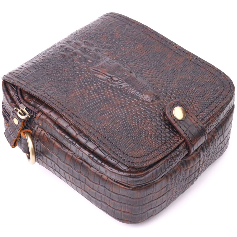 Фактурная мужская сумка из натуральной кожи с тиснением под крокодила Vintage Коричневая