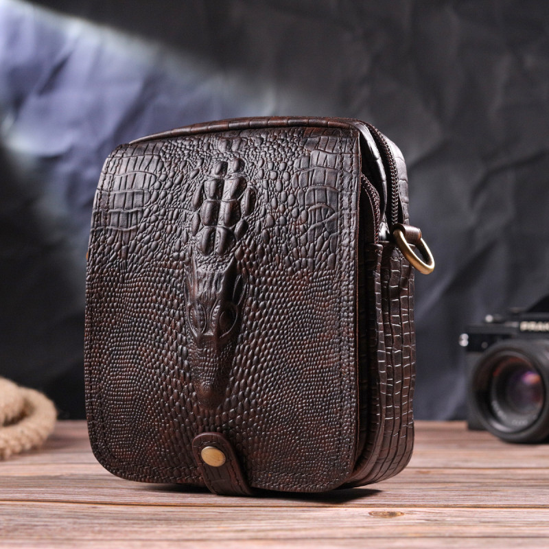 Фактурная мужская сумка из натуральной кожи с тиснением под крокодила Vintage Коричневая