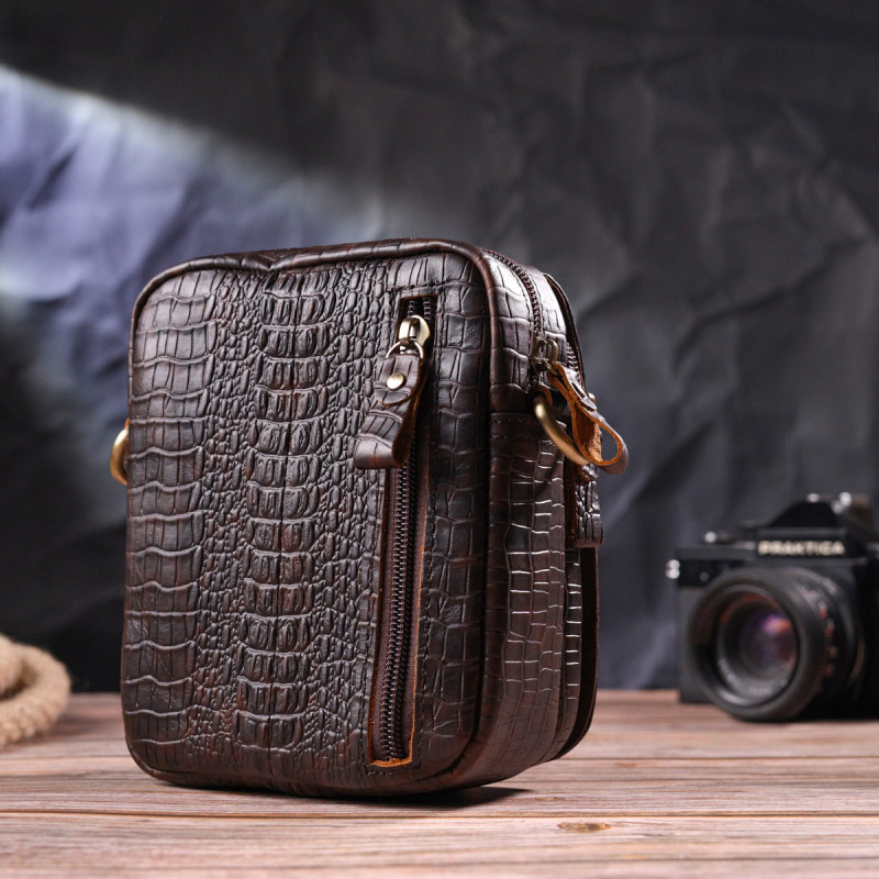 Фактурная мужская сумка из натуральной кожи с тиснением под крокодила Vintage Коричневая