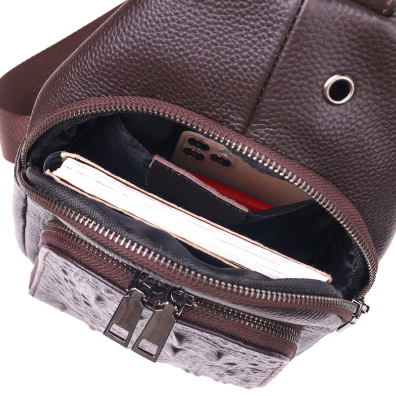 Сумка слинг мужская из натуральной фактурной кожи Vintage Коричневый