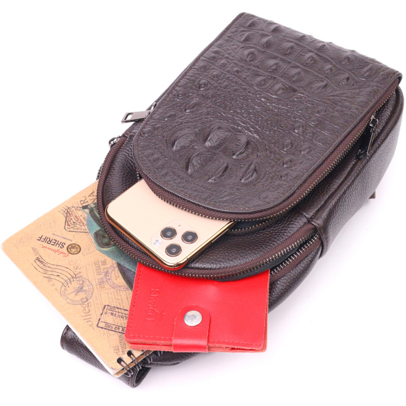 Сумка слинг мужская из натуральной фактурной кожи Vintage Коричневый