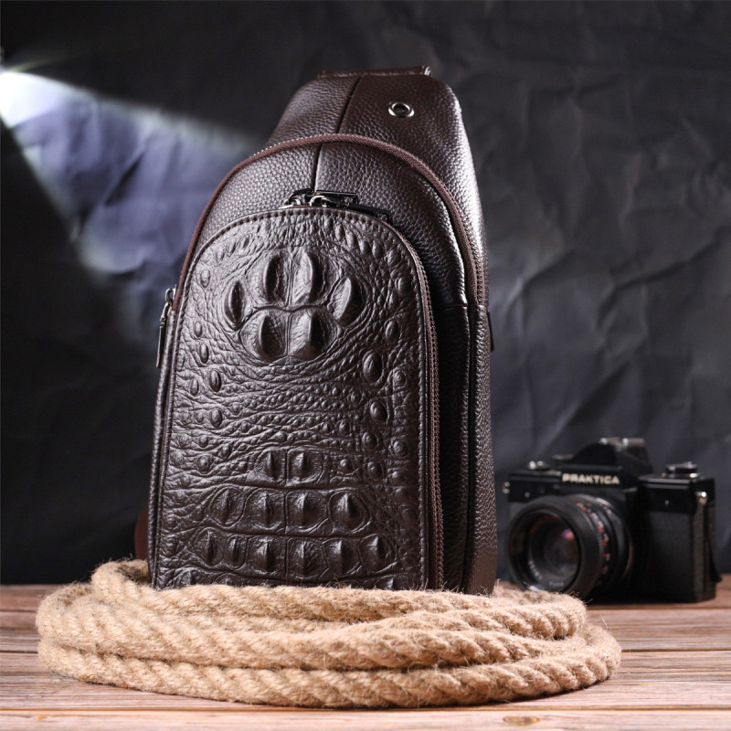 Сумка слинг мужская из натуральной фактурной кожи Vintage Коричневый