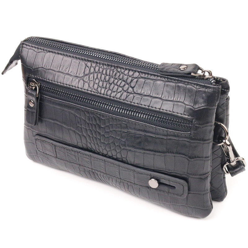 Чудовий клатч для чоловіків із натуральної фактурної шкіри з тисненням під крокодила CANPELLINI Чорний