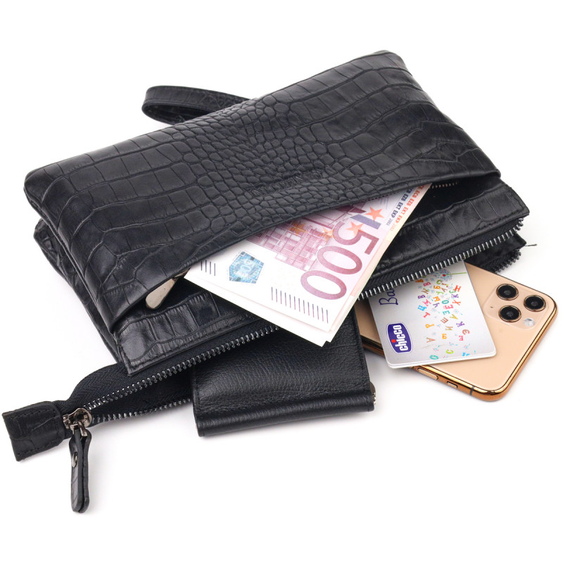 Чудовий клатч для чоловіків із натуральної фактурної шкіри з тисненням під крокодила CANPELLINI Чорний