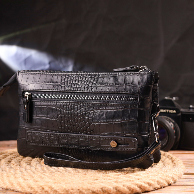 Чудовий клатч для чоловіків із натуральної фактурної шкіри з тисненням під крокодила CANPELLINI Чорний