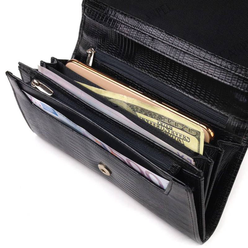 Привлекательный женский кошелек с монетницей из натуральной фактурной кожи CANPELLINI Черный