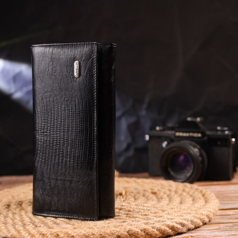 Привлекательный женский кошелек с монетницей из натуральной фактурной кожи CANPELLINI Черный