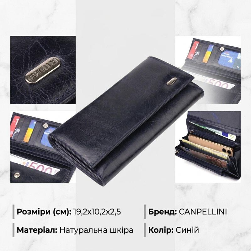 Портмоне для жінок з монетницею з натуральної шкіри CANPELLINI Синє
