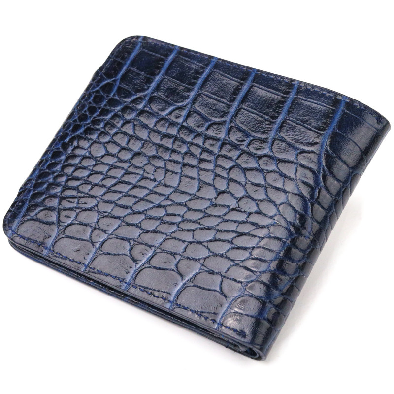Стильное портмоне для мужчин в два сложения из натуральной фактурной кожи с тиснением под крокодила CANPELLINI Синее