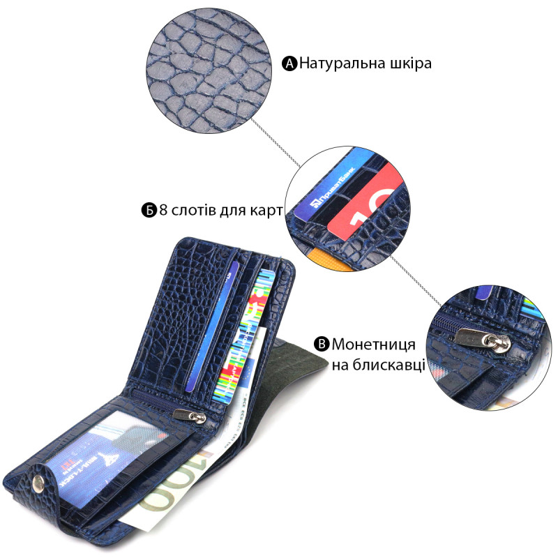 Стильное портмоне для мужчин в два сложения из натуральной фактурной кожи с тиснением под крокодила CANPELLINI Синее