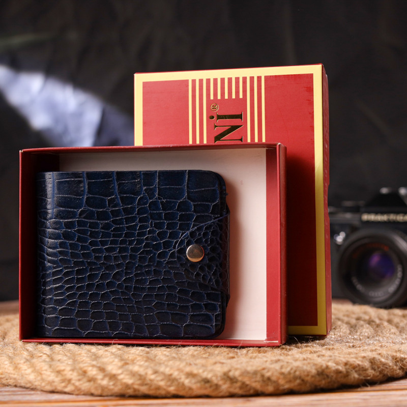 Стильное портмоне для мужчин в два сложения из натуральной фактурной кожи с тиснением под крокодила CANPELLINI Синее