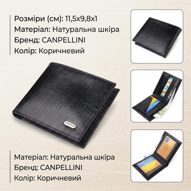 Елегантний гаманець для чоловіків у два складення з натуральної фактурної шкіри CANPELLINI Чорний