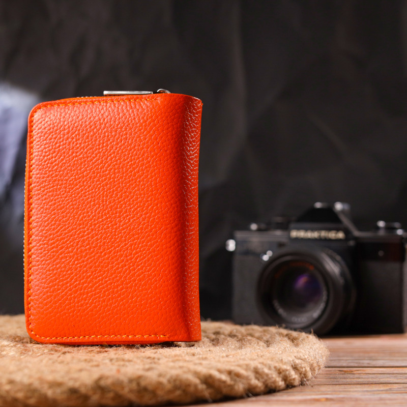 Яскраве вертикальне портмоне для жінок із монетницею на блискавці з натуральної шкіри флотар CANPELLINI Помаранчеве