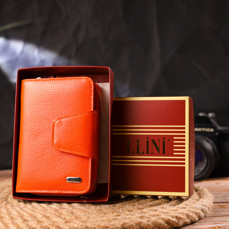 Яскраве вертикальне портмоне для жінок із монетницею на блискавці з натуральної шкіри флотар CANPELLINI Помаранчеве