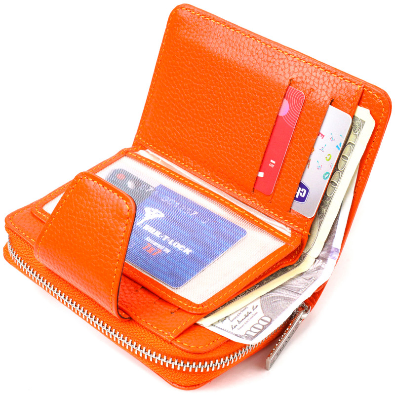 Яскраве вертикальне портмоне для жінок із монетницею на блискавці з натуральної шкіри флотар CANPELLINI Помаранчеве