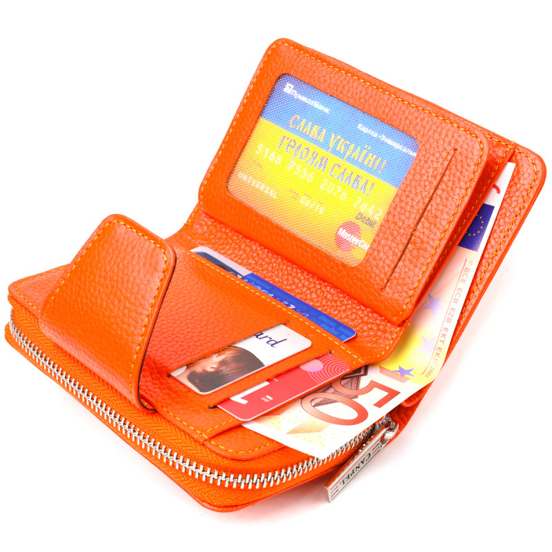 Яскраве вертикальне портмоне для жінок із монетницею на блискавці з натуральної шкіри флотар CANPELLINI Помаранчеве