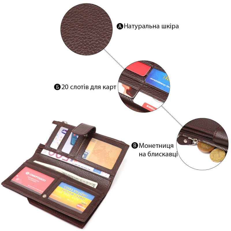 Стильный женский вертикальный кошелек из натуральной кожи CANPELLINI Коричневый