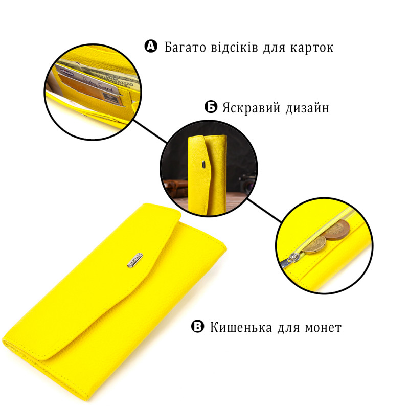 Яркое женское портмоне из натуральной кожи флотар CANPELLINI Желтое