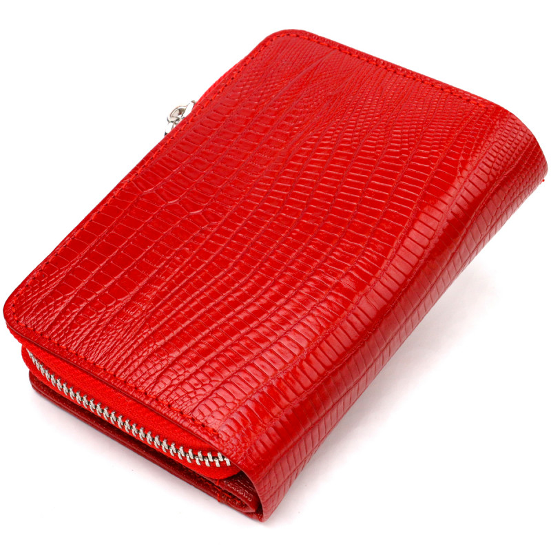 Фактурное женское вертикальное портмоне с монетницей на молнии из натуральной кожи с тиснением CANPELLINI Красное