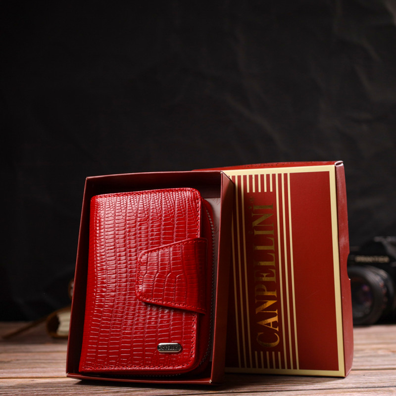 Фактурное женское вертикальное портмоне с монетницей на молнии из натуральной кожи с тиснением CANPELLINI Красное