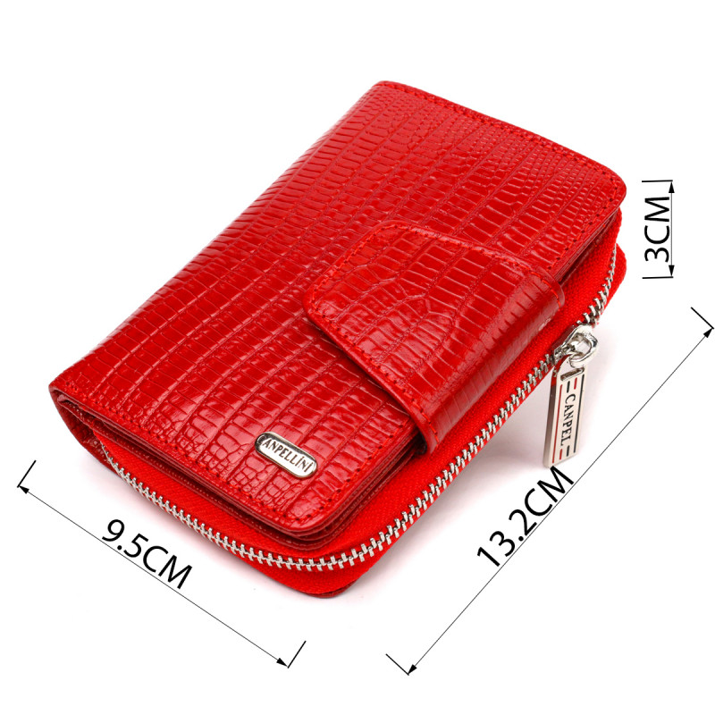 Фактурное женское вертикальное портмоне с монетницей на молнии из натуральной кожи с тиснением CANPELLINI Красное