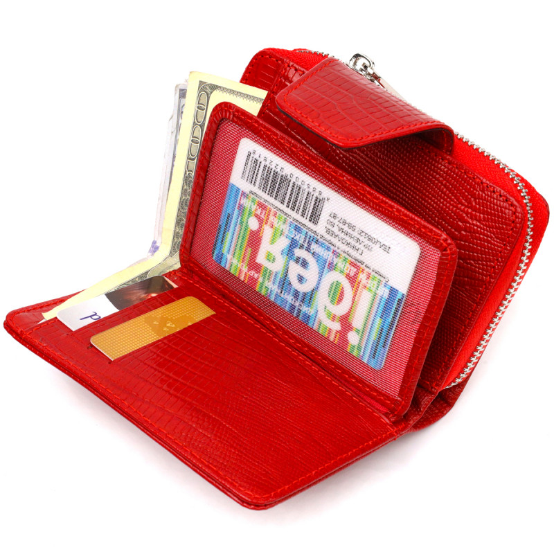 Фактурное женское вертикальное портмоне с монетницей на молнии из натуральной кожи с тиснением CANPELLINI Красное